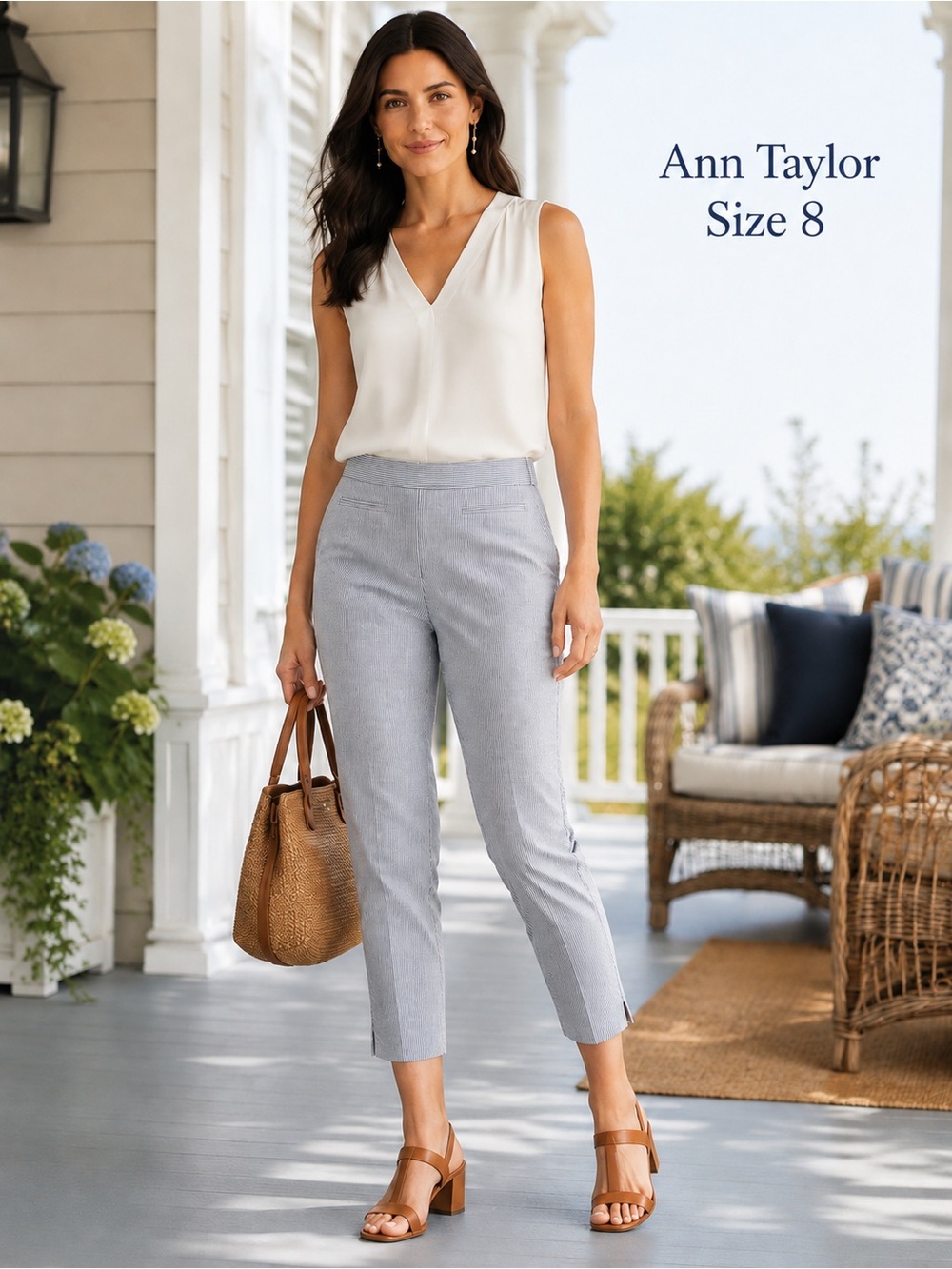 Ann Taylor Kate Navy White Striped Seersucker Cropped Pants Size 8